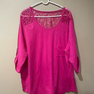 Roaman's Vibrant Pink Lace Accent Blouse